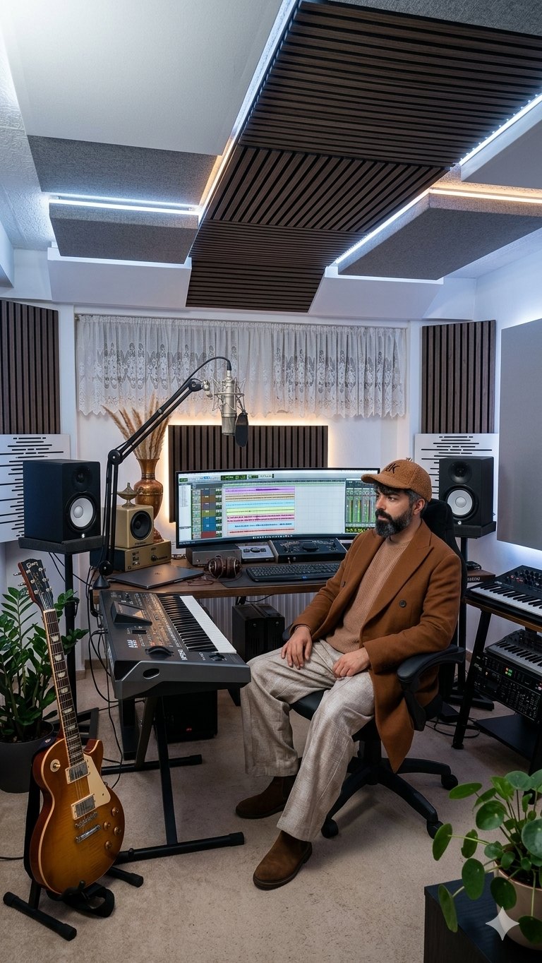 The Khalil Hozan studio: acoustic panels, wood ceiling diffusion, nearfield monitors, keyboard workstation and a condenser microphone.